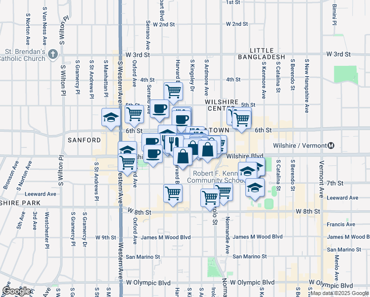 map of restaurants, bars, coffee shops, grocery stores, and more near 3621 Wilshire Boulevard in Los Angeles