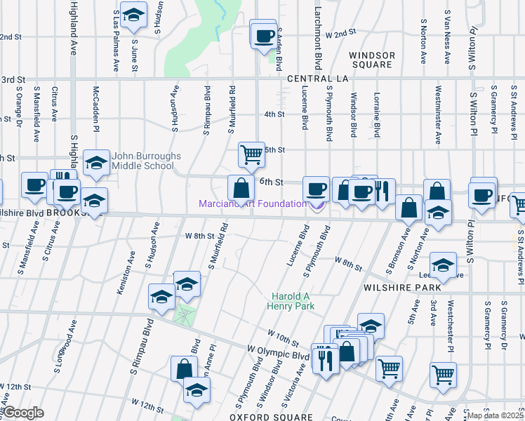 map of restaurants, bars, coffee shops, grocery stores, and more near 4477 Wilshire Boulevard in Los Angeles