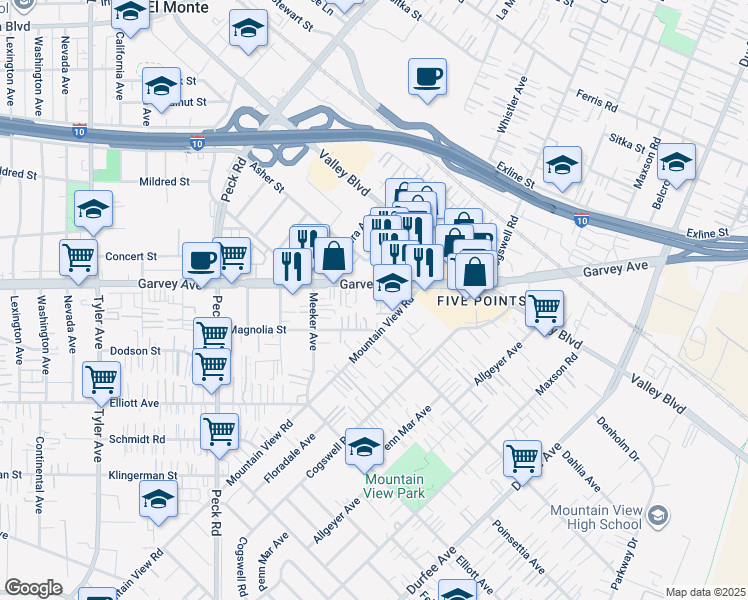 map of restaurants, bars, coffee shops, grocery stores, and more near 11720 Garvey Avenue in El Monte