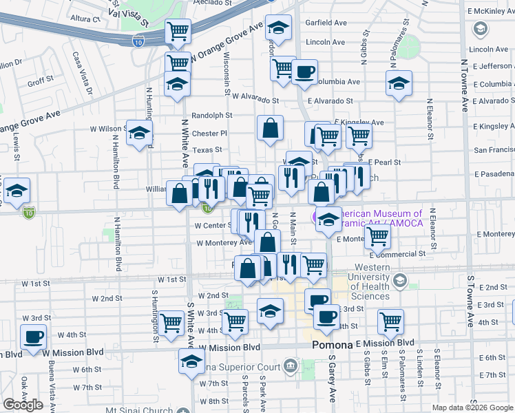 map of restaurants, bars, coffee shops, grocery stores, and more near W Holt Ave & N Park Ave in Pomona