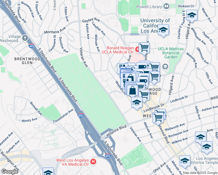 map of restaurants, bars, coffee shops, grocery stores, and more near 825 Weyburn Terrace in Los Angeles