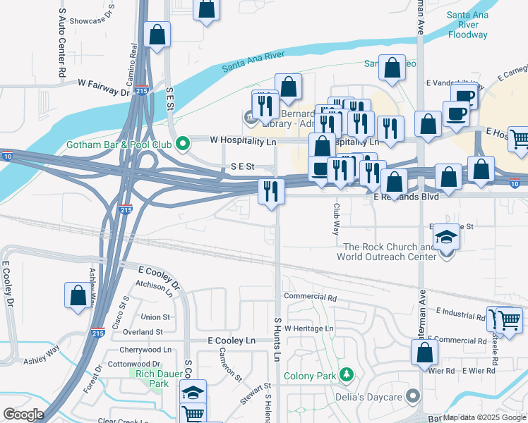 map of restaurants, bars, coffee shops, grocery stores, and more near 2300 East Steel Road in Colton