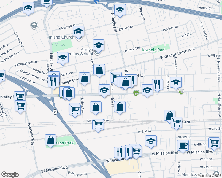 map of restaurants, bars, coffee shops, grocery stores, and more near 521 North Erie Street in Pomona
