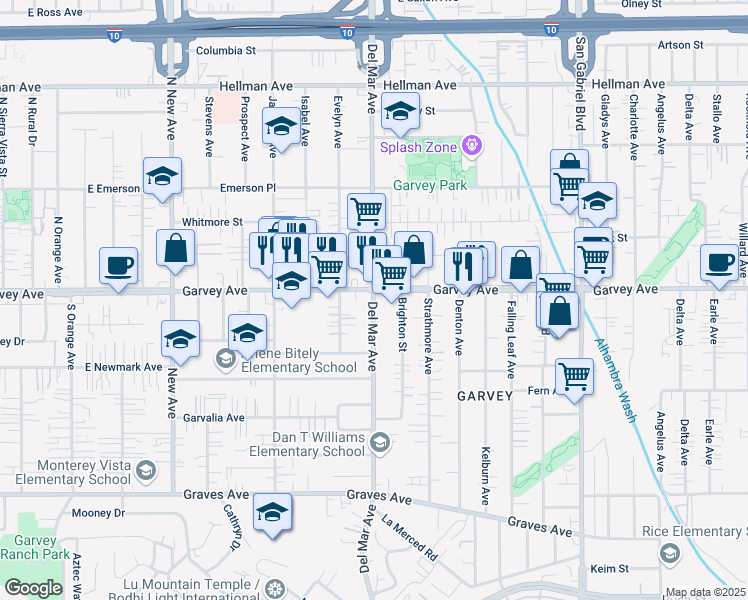 map of restaurants, bars, coffee shops, grocery stores, and more near 2758 Del Mar Avenue in Rosemead