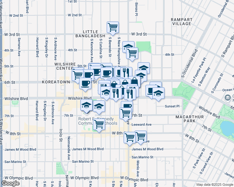 map of restaurants, bars, coffee shops, grocery stores, and more near 3200 Wilshire Boulevard in Los Angeles