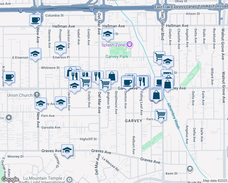 map of restaurants, bars, coffee shops, grocery stores, and more near 7850 Garvey Avenue in Rosemead
