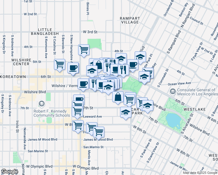map of restaurants, bars, coffee shops, grocery stores, and more near 2975 Wilshire Boulevard in Los Angeles