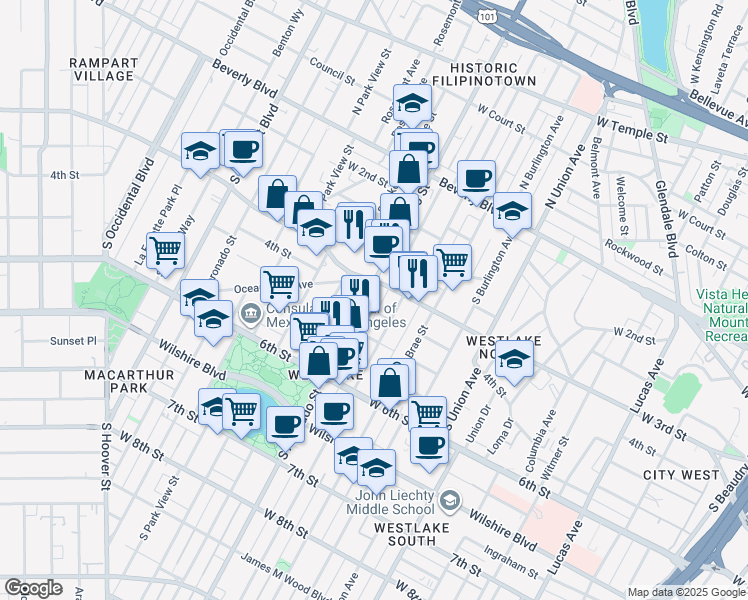 map of restaurants, bars, coffee shops, grocery stores, and more near 320 South Alvarado Street in Los Angeles
