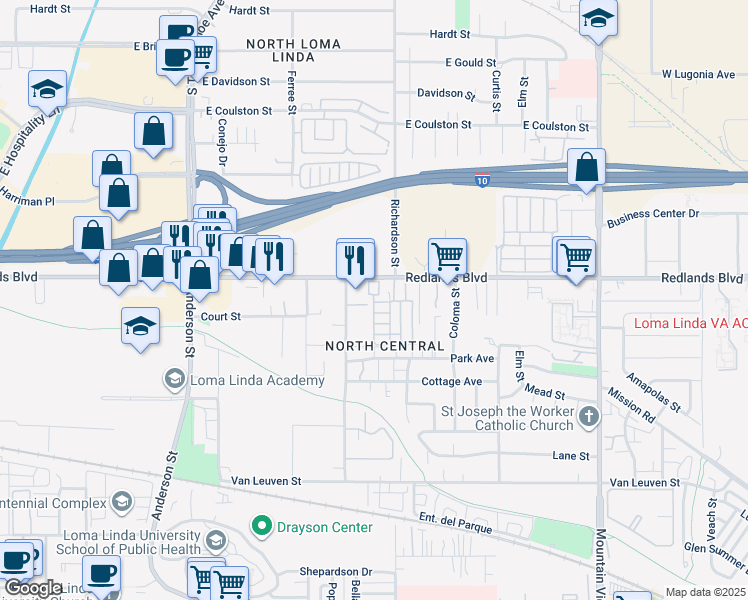 map of restaurants, bars, coffee shops, grocery stores, and more near 1-1 Grube Street in Loma Linda