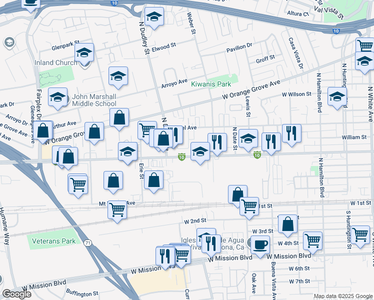 map of restaurants, bars, coffee shops, grocery stores, and more near 1515 West Holt Avenue in Pomona
