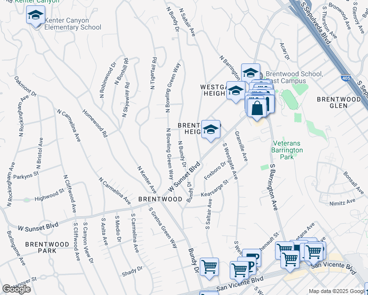 map of restaurants, bars, coffee shops, grocery stores, and more near 224 North Bundy Drive in Los Angeles