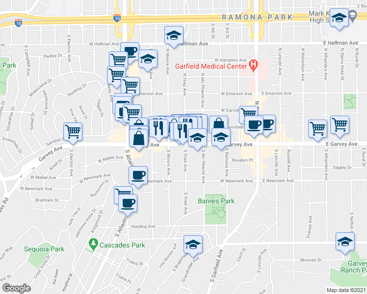 map of restaurants, bars, coffee shops, grocery stores, and more near 500 West Garvey Avenue in Monterey Park