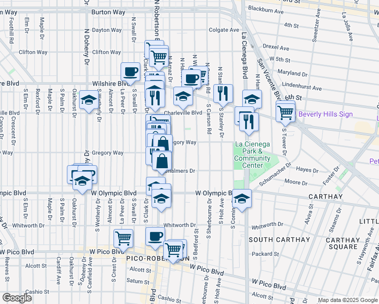map of restaurants, bars, coffee shops, grocery stores, and more near 822 South Shenandoah Street in Los Angeles
