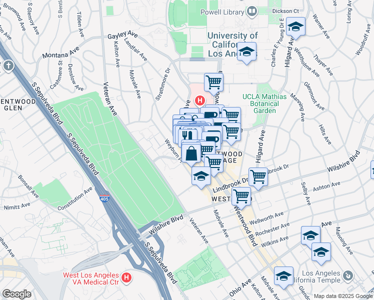 map of restaurants, bars, coffee shops, grocery stores, and more near 1000 Gayley Avenue in Los Angeles