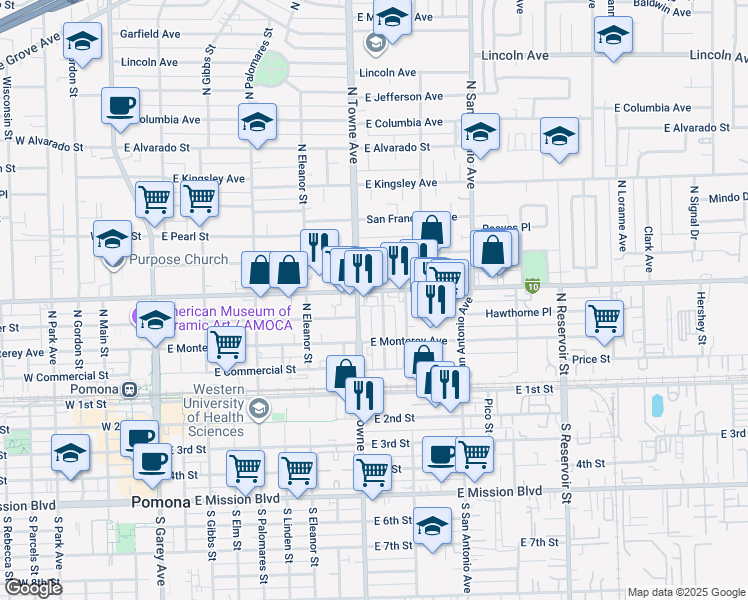 map of restaurants, bars, coffee shops, grocery stores, and more near in Pomona