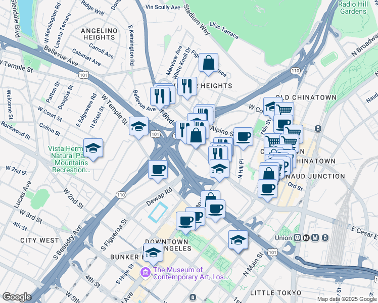 map of restaurants, bars, coffee shops, grocery stores, and more near 505 North Figueroa Street in Los Angeles