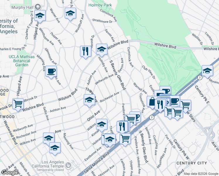 map of restaurants, bars, coffee shops, grocery stores, and more near 1342 Woodruff Avenue in Los Angeles
