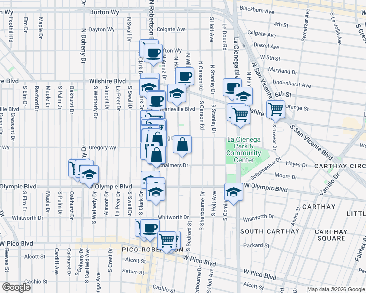 map of restaurants, bars, coffee shops, grocery stores, and more near 822 South Shenandoah Street in Los Angeles