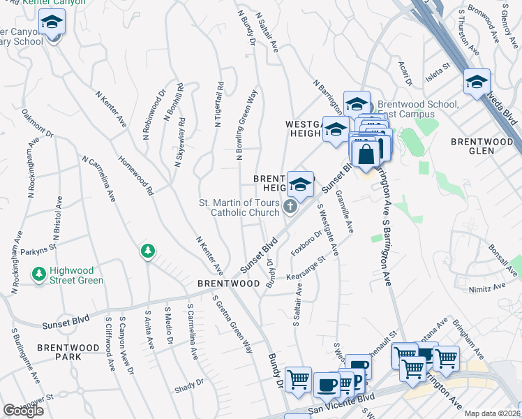map of restaurants, bars, coffee shops, grocery stores, and more near 224 North Bundy Drive in Los Angeles
