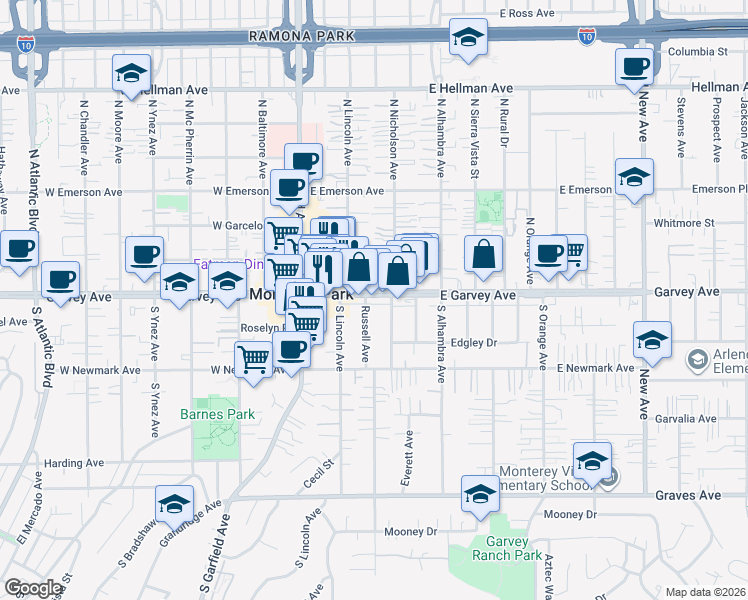 map of restaurants, bars, coffee shops, grocery stores, and more near 111 South Nicholson Avenue in Monterey Park