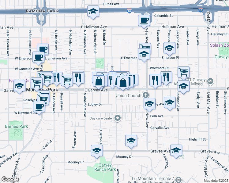 map of restaurants, bars, coffee shops, grocery stores, and more near 710 East Garvey Avenue in Monterey Park