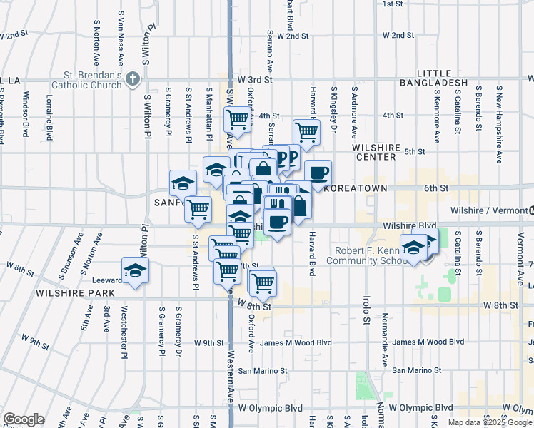 map of restaurants, bars, coffee shops, grocery stores, and more near 3680 Wilshire Boulevard in Los Angeles