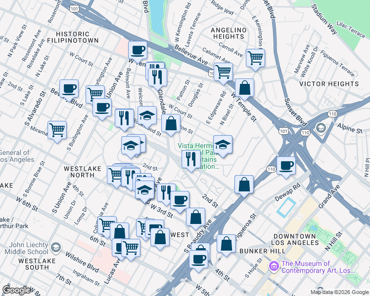 map of restaurants, bars, coffee shops, grocery stores, and more near 117 North Toluca Street in Los Angeles