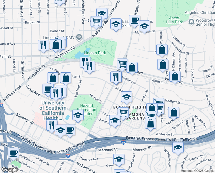 map of restaurants, bars, coffee shops, grocery stores, and more near 2310 Alcazar Street in Los Angeles