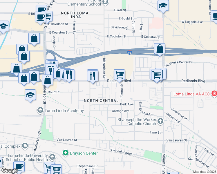 map of restaurants, bars, coffee shops, grocery stores, and more near 43 Crooks Street in Loma Linda