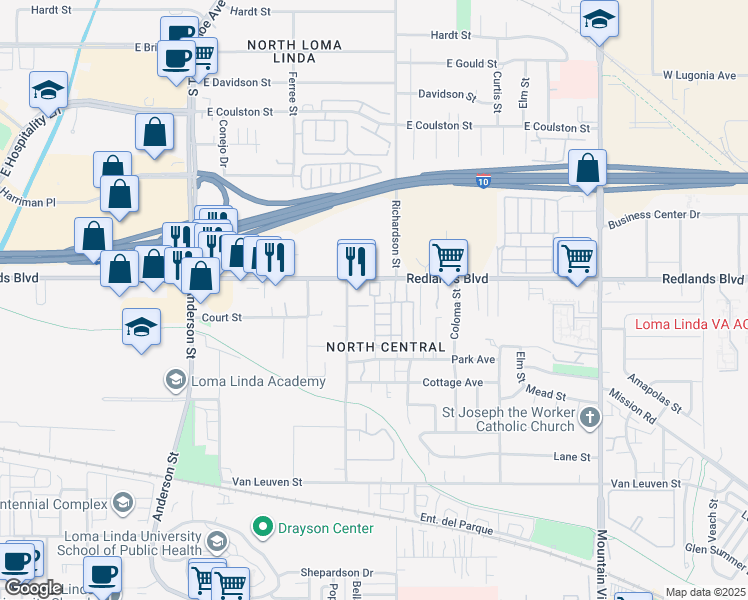 map of restaurants, bars, coffee shops, grocery stores, and more near 60 Leota Street in Loma Linda