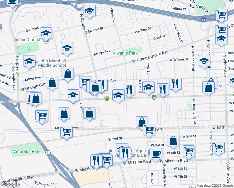 map of restaurants, bars, coffee shops, grocery stores, and more near 1451 West Holt Avenue in Pomona