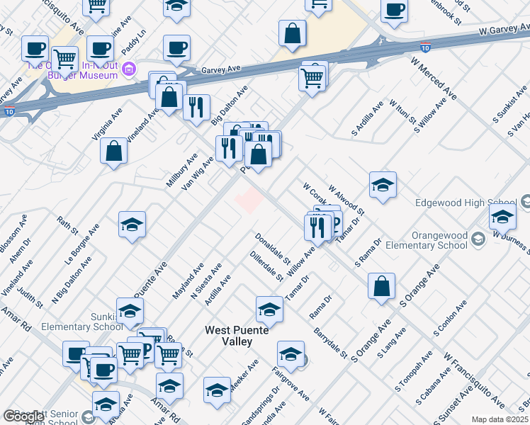 map of restaurants, bars, coffee shops, grocery stores, and more near 1515 North Siesta Avenue in La Puente