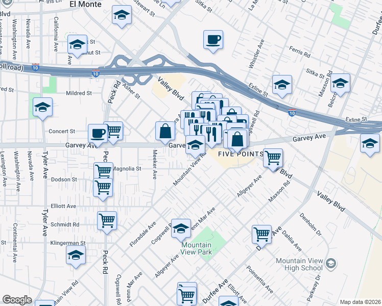 map of restaurants, bars, coffee shops, grocery stores, and more near 2839 Mountain View Road in El Monte