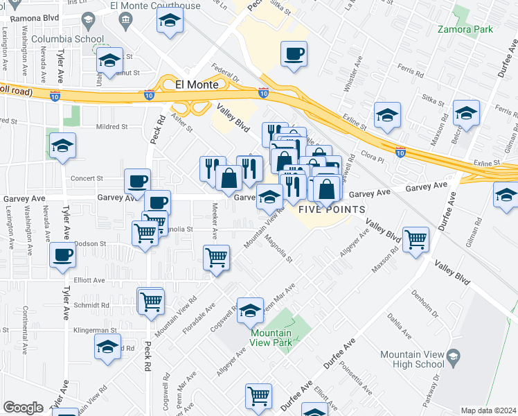 map of restaurants, bars, coffee shops, grocery stores, and more near 2839 Mountain View Road in El Monte