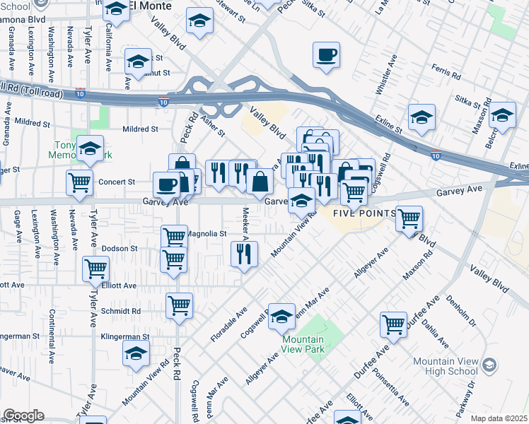 map of restaurants, bars, coffee shops, grocery stores, and more near 2820 Meeker Avenue in El Monte