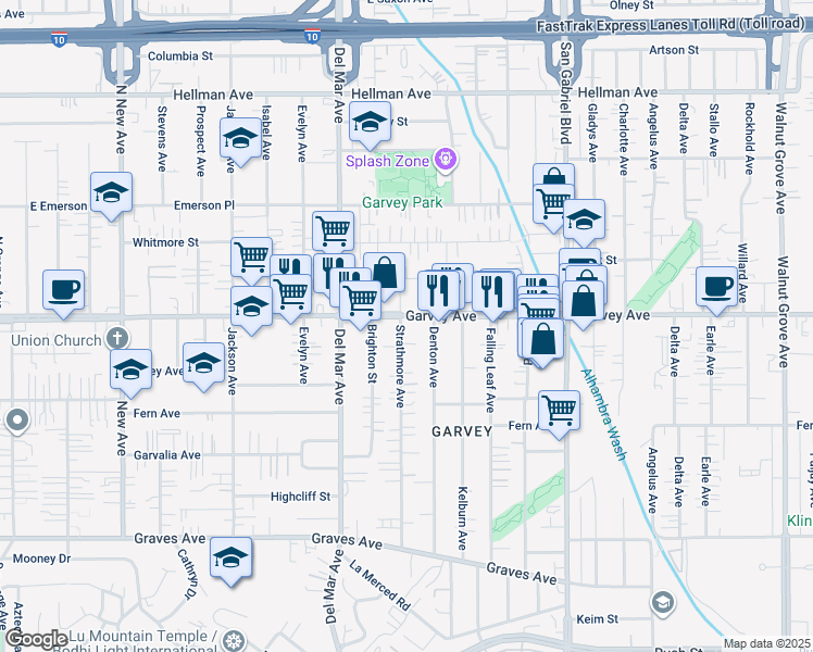map of restaurants, bars, coffee shops, grocery stores, and more near 2738 Strathmore Avenue in Rosemead