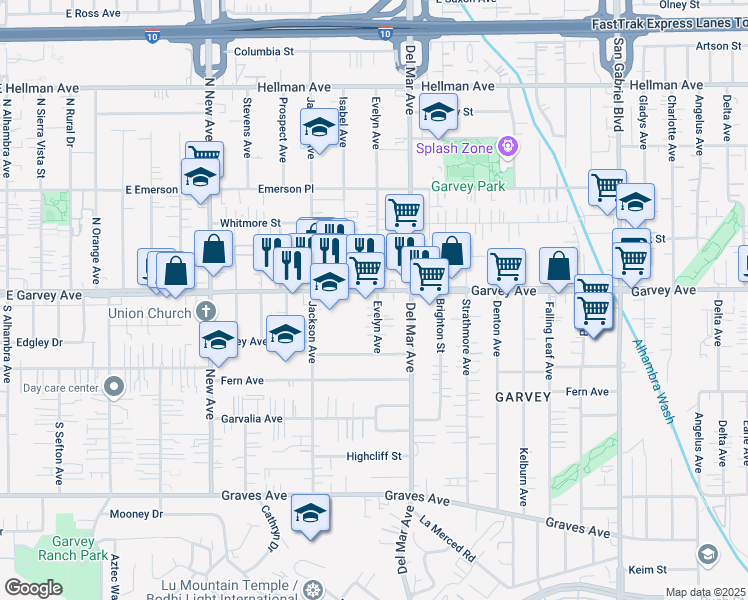 map of restaurants, bars, coffee shops, grocery stores, and more near 2755 Evelyn Avenue in Rosemead