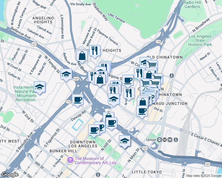 map of restaurants, bars, coffee shops, grocery stores, and more near 817 West Cesar Estrada Chavez Avenue in Los Angeles