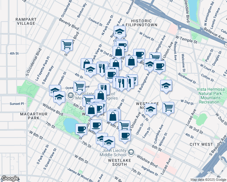 map of restaurants, bars, coffee shops, grocery stores, and more near 309 South Westlake Avenue in Los Angeles
