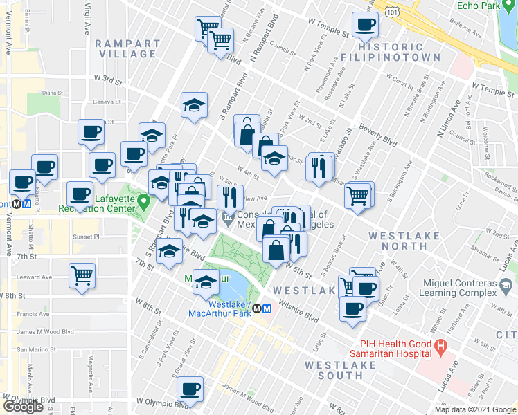 map of restaurants, bars, coffee shops, grocery stores, and more near 437 South Grand View Street in Los Angeles