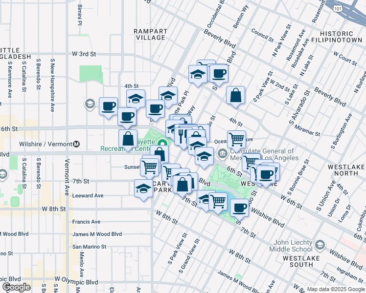 map of restaurants, bars, coffee shops, grocery stores, and more near in Los Angeles