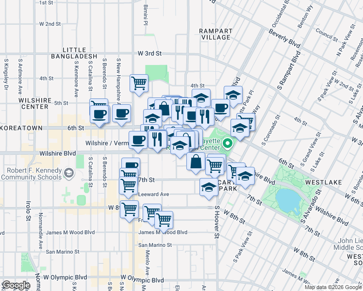 map of restaurants, bars, coffee shops, grocery stores, and more near 2975 Wilshire Boulevard in Los Angeles