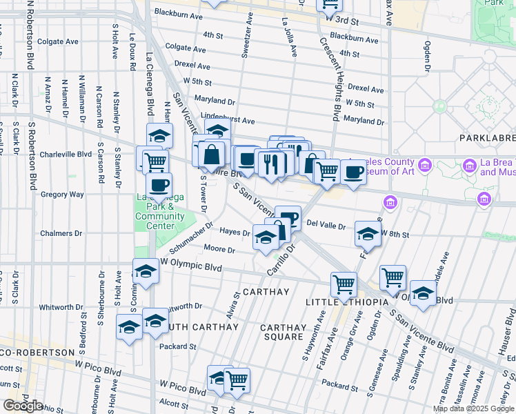 map of restaurants, bars, coffee shops, grocery stores, and more near 6460 San Vicente Boulevard in Los Angeles