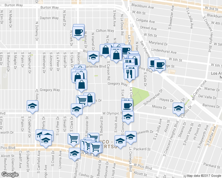 map of restaurants, bars, coffee shops, grocery stores, and more near 837 South Holt Avenue in Los Angeles
