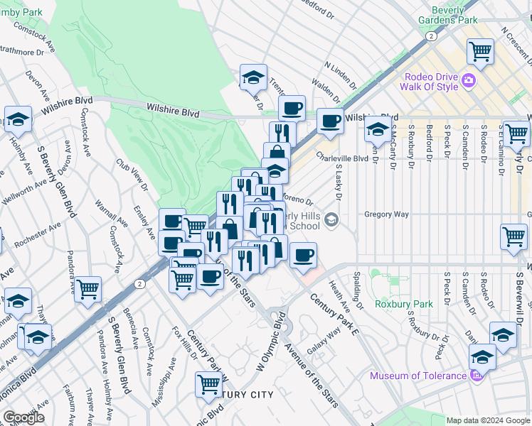 map of restaurants, bars, coffee shops, grocery stores, and more near 1880 Century Park East in Los Angeles