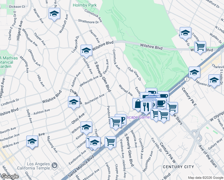 map of restaurants, bars, coffee shops, grocery stores, and more near 1425 Crestview Court in Los Angeles