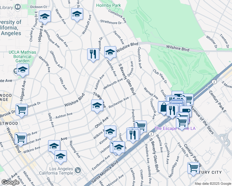 map of restaurants, bars, coffee shops, grocery stores, and more near 1352 Woodruff Avenue in Los Angeles