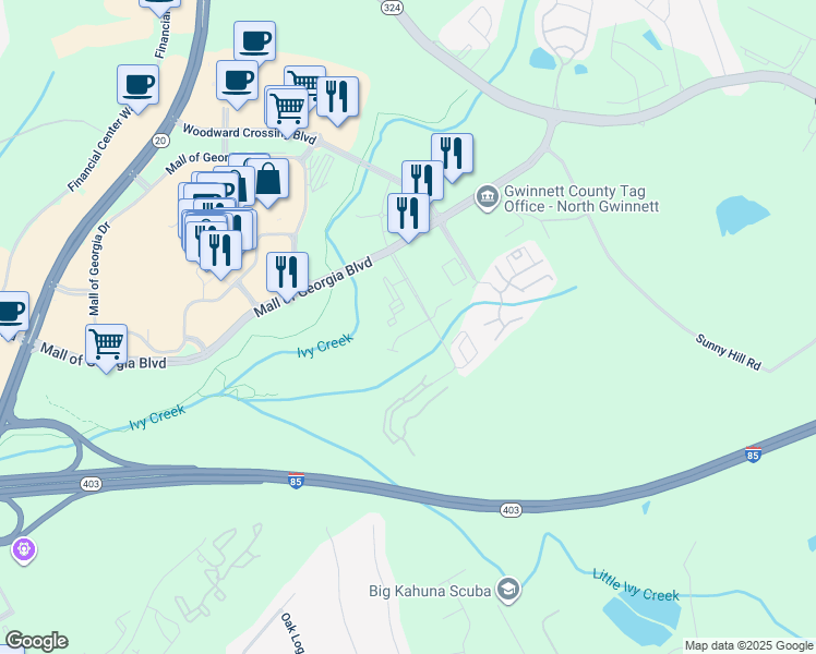 map of restaurants, bars, coffee shops, grocery stores, and more near 1847 Appaloosa Mill Court Northeast in Buford