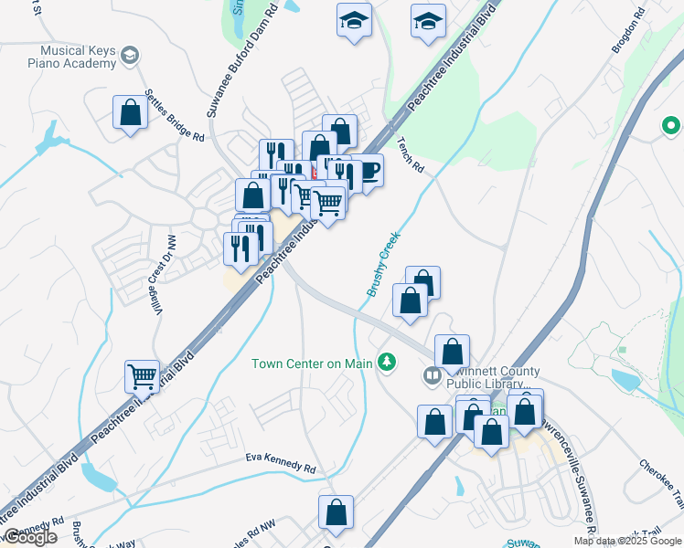 map of restaurants, bars, coffee shops, grocery stores, and more near 4200-4272 Suwanee Dam Road Northwest in Suwanee