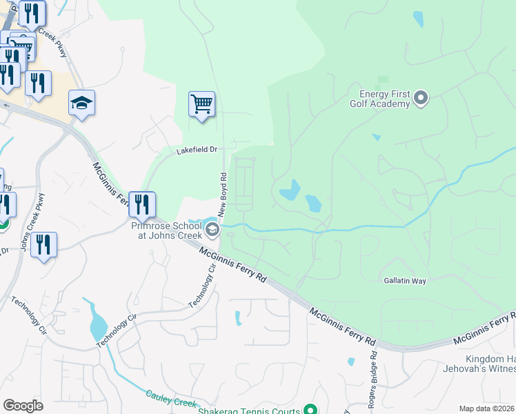 map of restaurants, bars, coffee shops, grocery stores, and more near 7740 Georgetown Circle in Suwanee